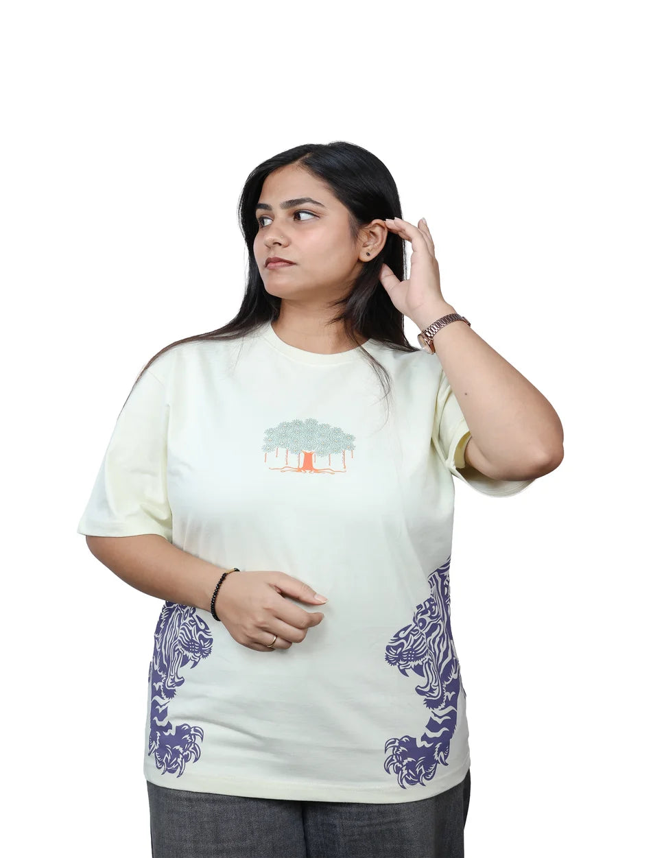 IndiThrob Tiger cream oversized T-shirt relaxed fit on model