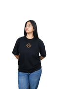 IndiThrob Horn Please black oversized T-shirt front view on female model
