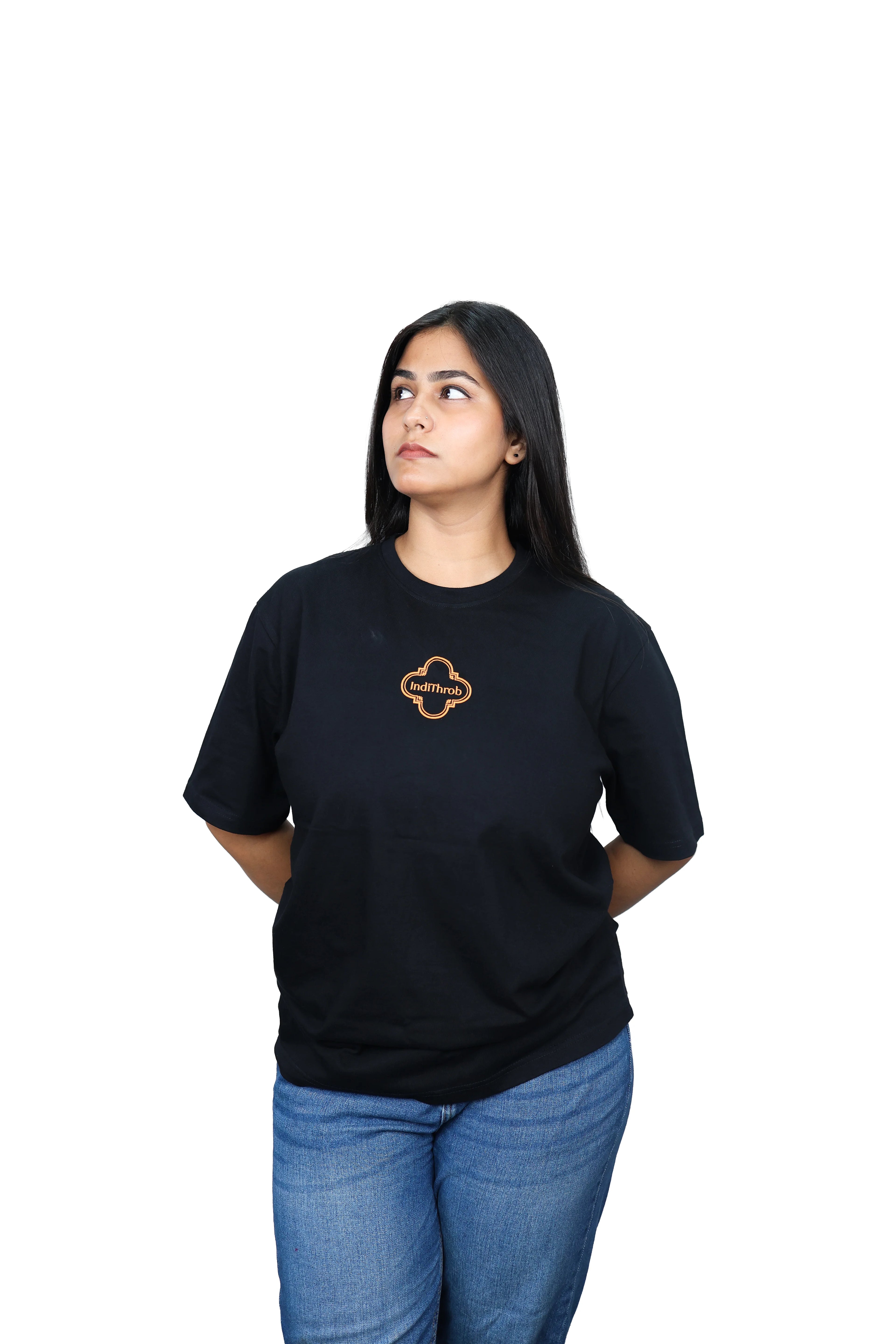 IndiThrob Horn Please black oversized T-shirt front view on female model