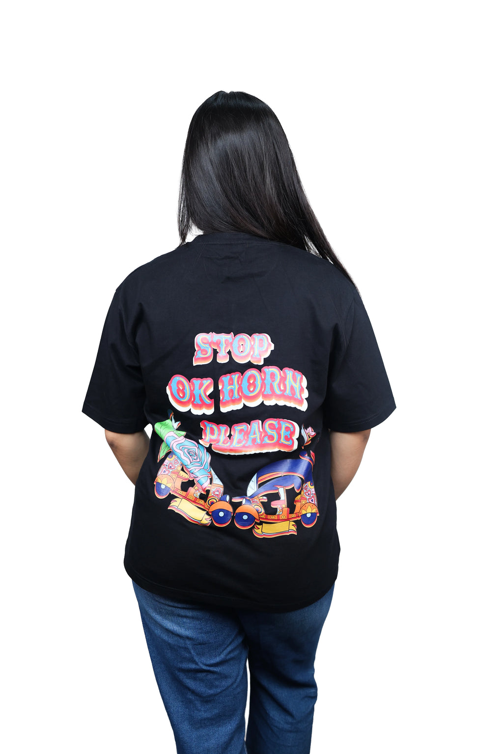 IndiThrob Horn Please black oversized T-shirt back graphic on female model