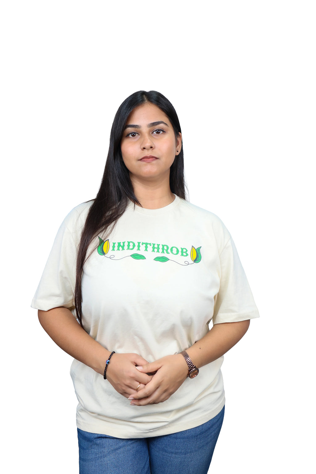 IndiThrob Aam Panna oversized T-shirt front view on model
