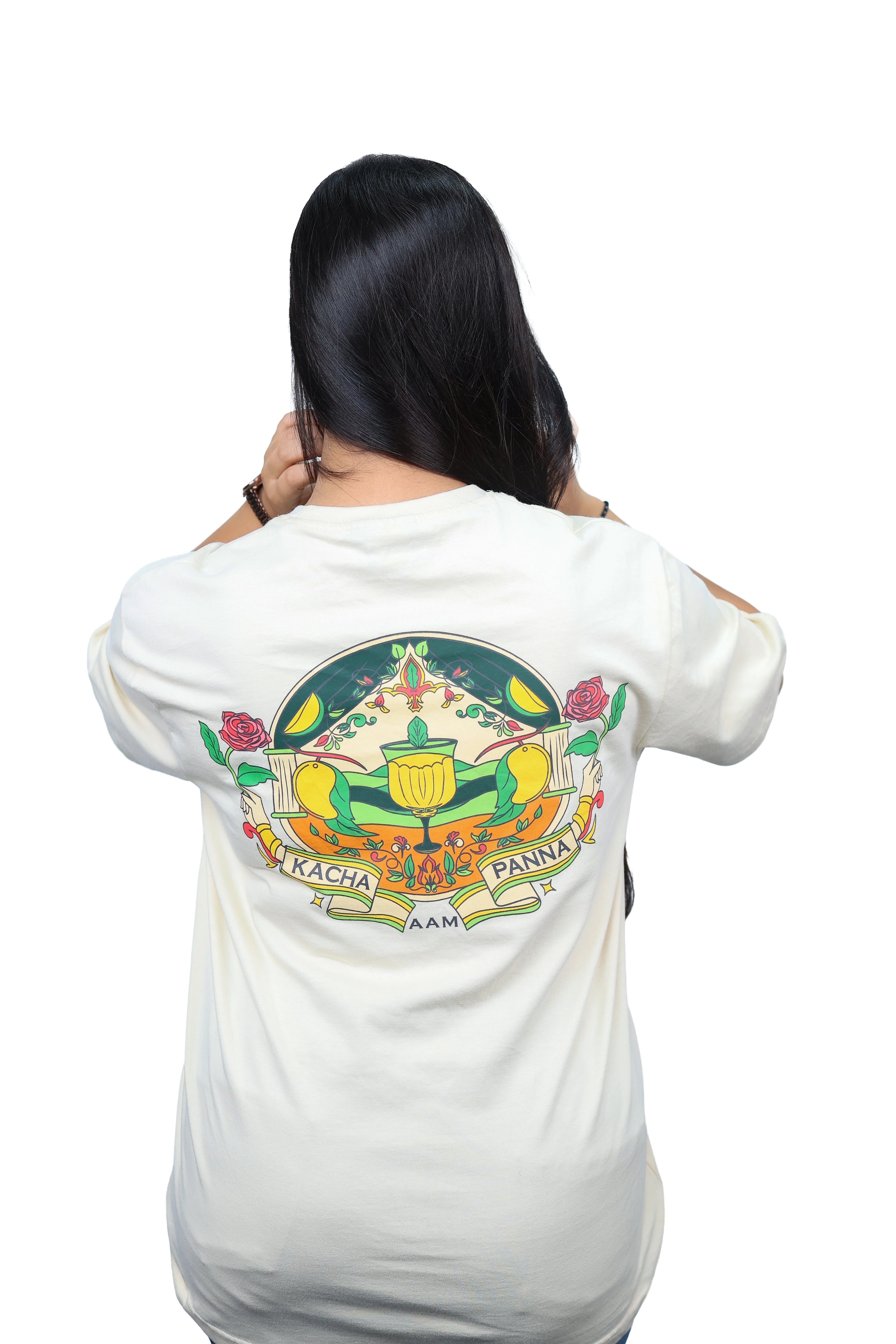 IndiThrob Aam Panna oversized T-shirt back view on model