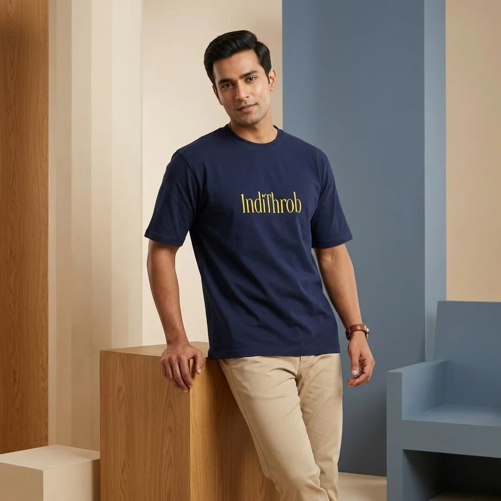 IndiThrob Chal Koi Nahi navy oversized T-shirt front lifestyle view
