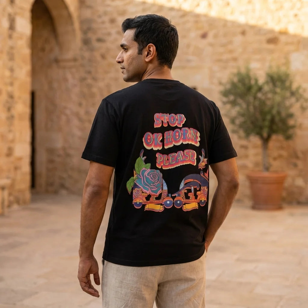IndiThrob Horn Please oversized T-shirt back graphic on male model