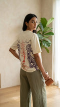 IndiThrob Tiger cream oversized T-shirt back graphic on model