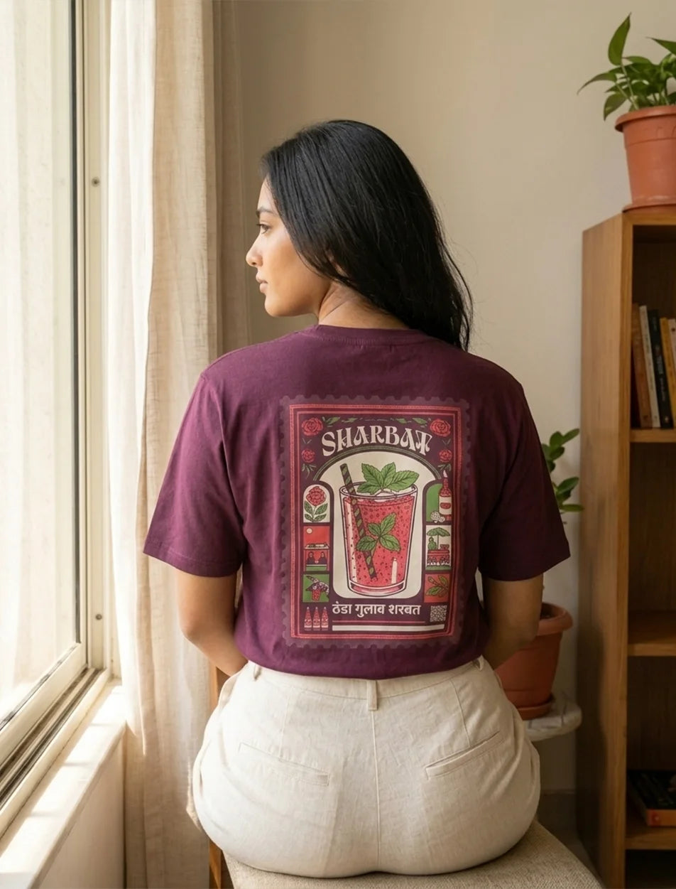 IndiThrob Sharbat maroon oversized T-shirt back graphic lifestyle view