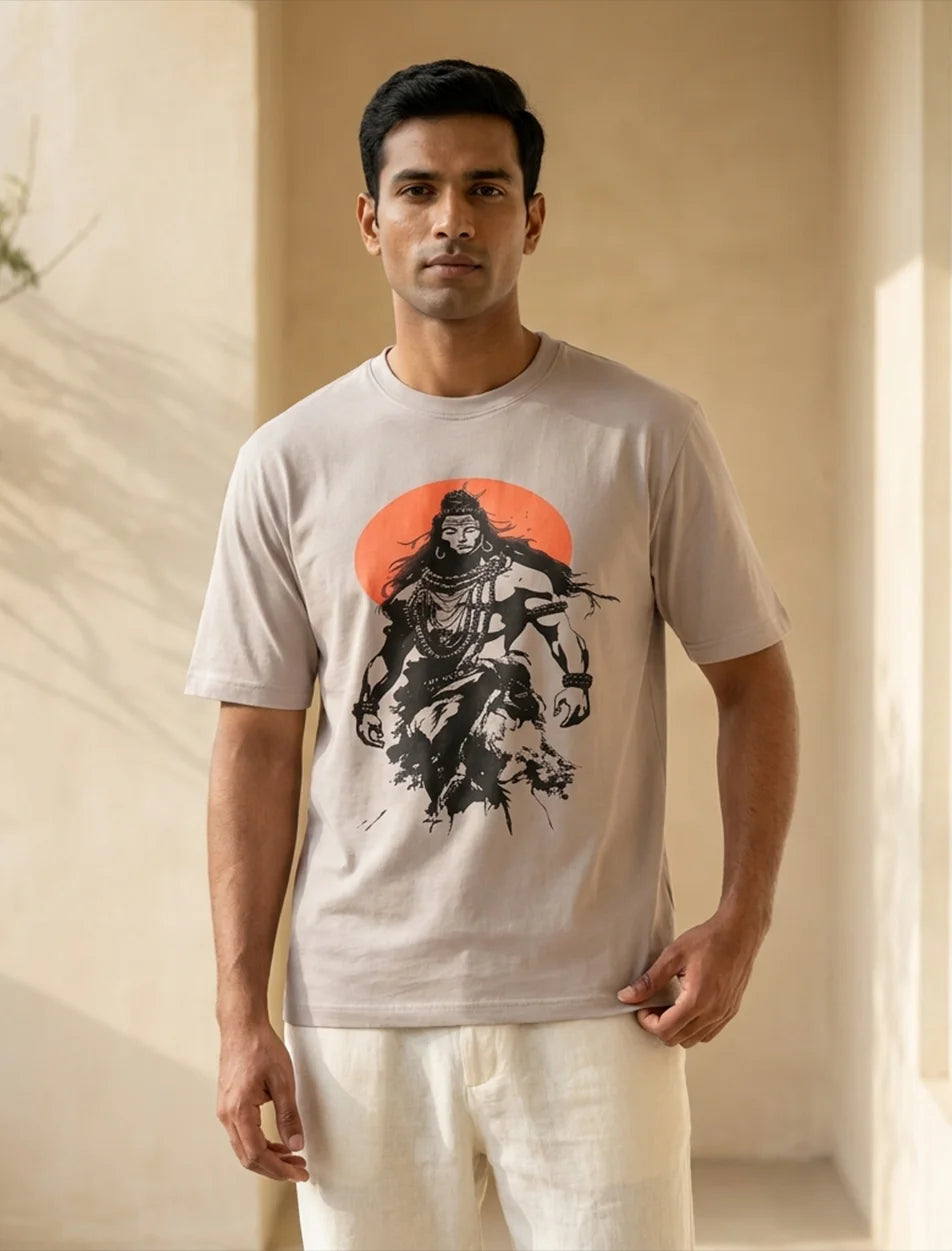 IndiThrob Mahadev beige oversized T-shirt front graphic view