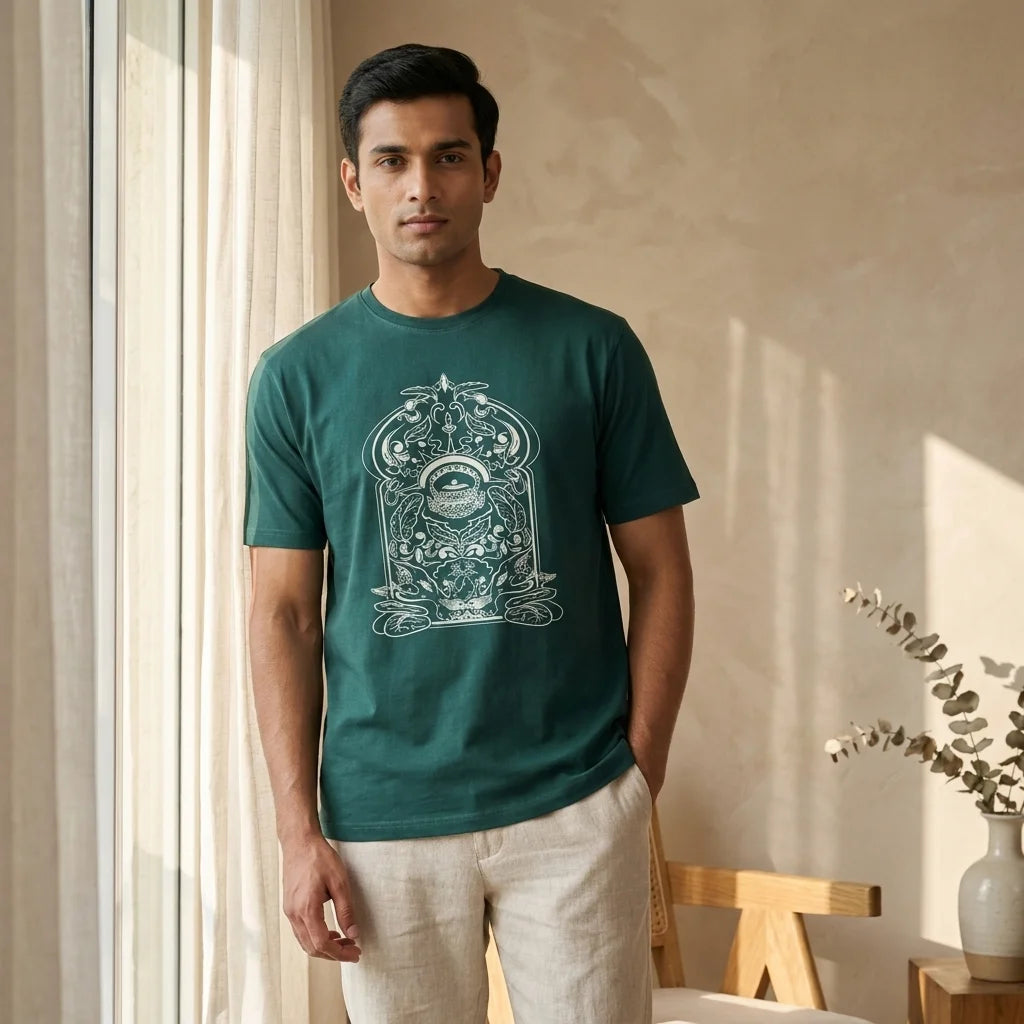 Front view of IndiThrob Tea Pot green oversized T-shirt