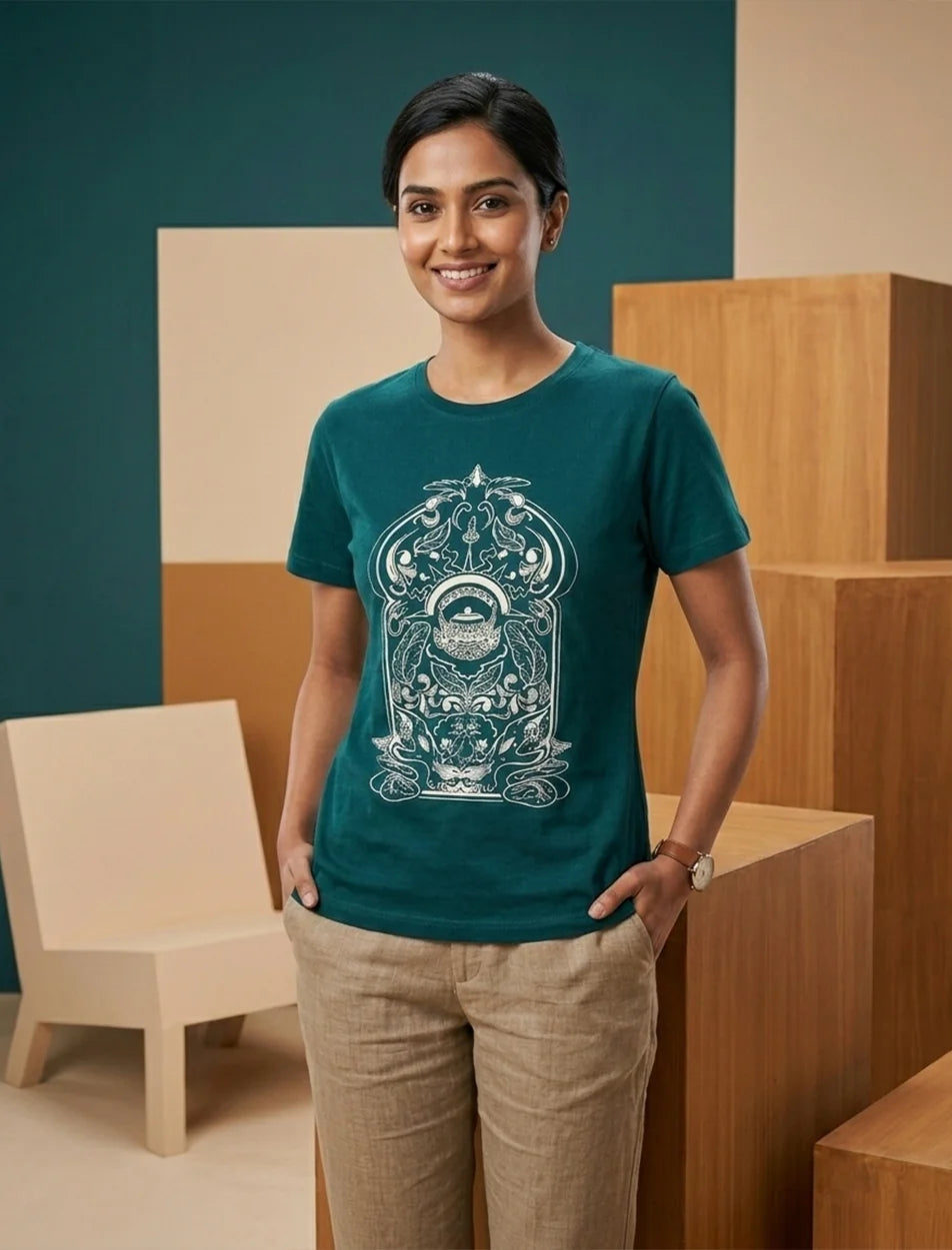 Tea Pot graphic on IndiThrob green oversized T-shirt