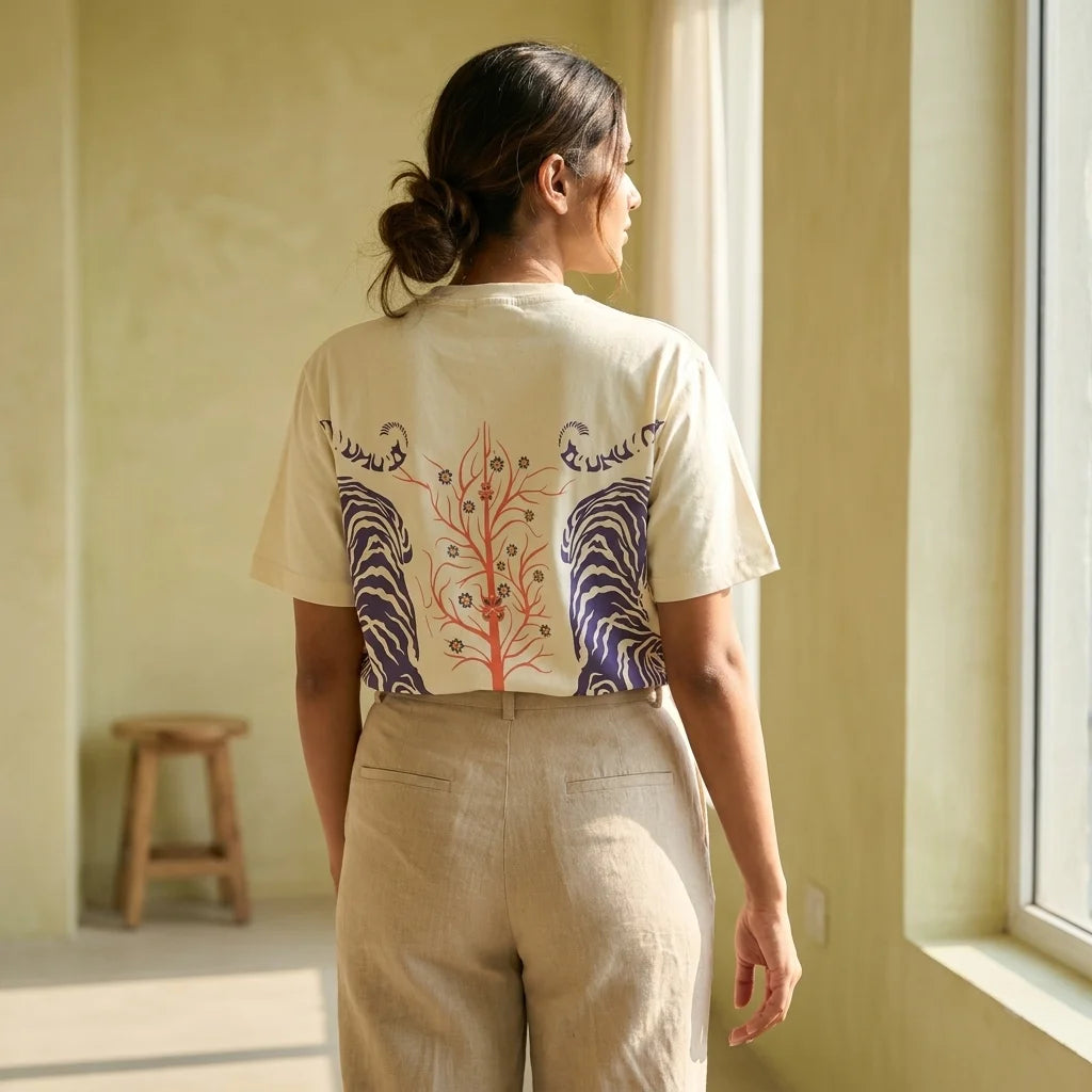 IndiThrob Tiger oversized T-shirt back graphic outdoor view
