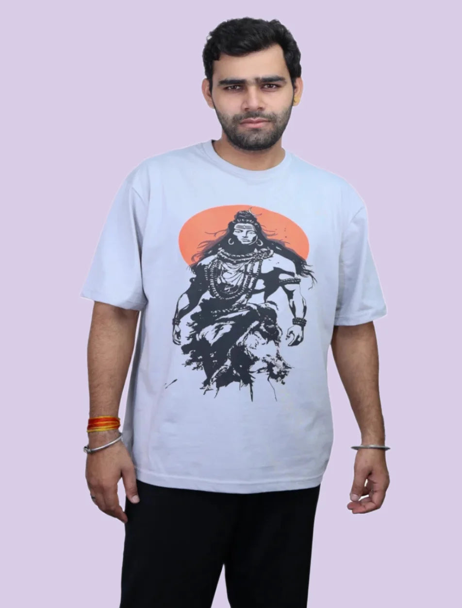 IndiThrob Mahadev beige oversized T-shirt front graphic on model