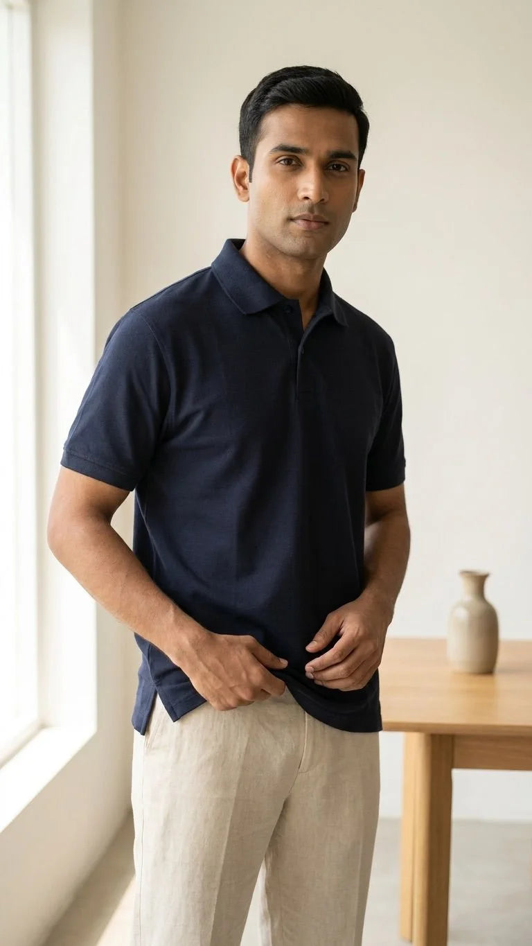 IndiThrob Classic Navy Blue Polo T-shirt front view on male model