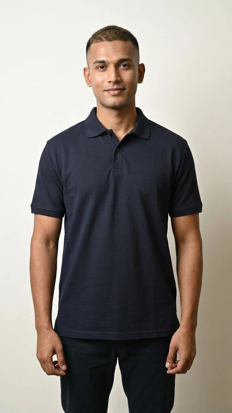 IndiThrob Classic Navy Blue Polo T-shirt full front view on male model