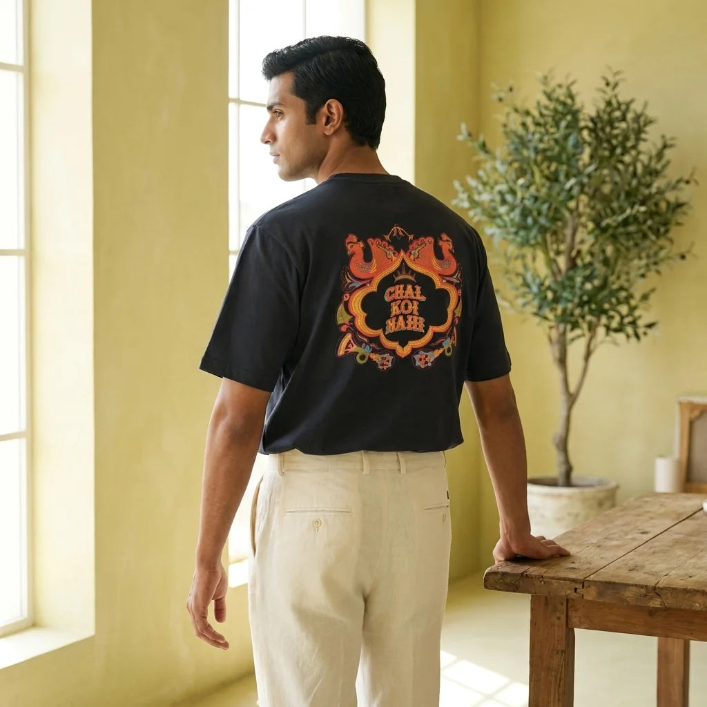 IndiThrob Chal Koi Nahi navy oversized T-shirt back graphic on model