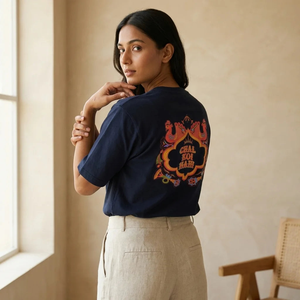 IndiThrob Chal Koi Nahi navy oversized T-shirt back graphic lifestyle view