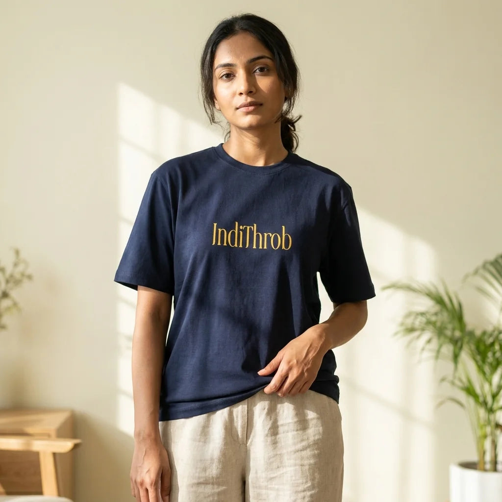 IndiThrob Chal Koi Nahi navy oversized T-shirt front fit view on model