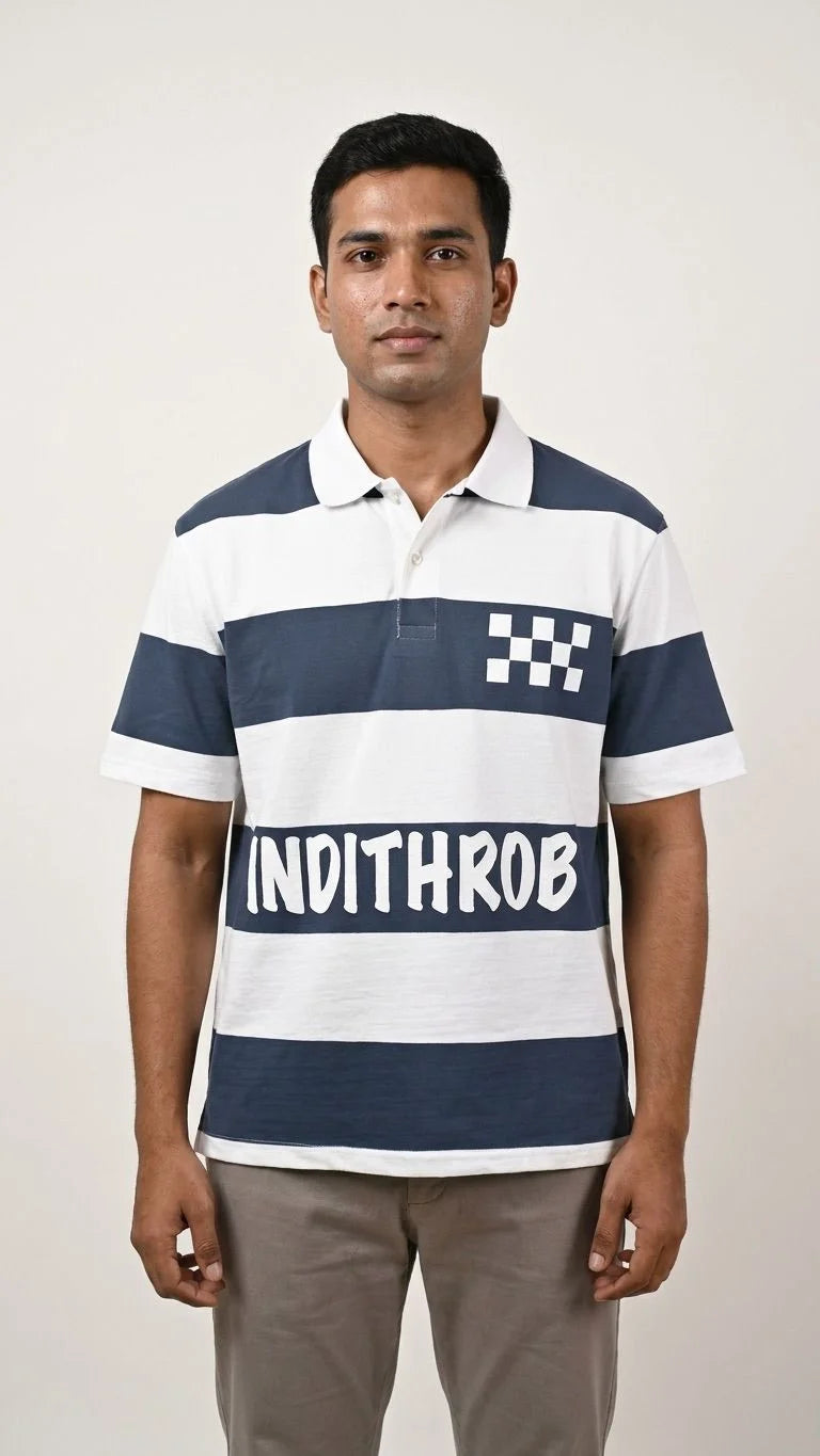 Front view of IndiThrob Classic Striped Polo T-Shirt