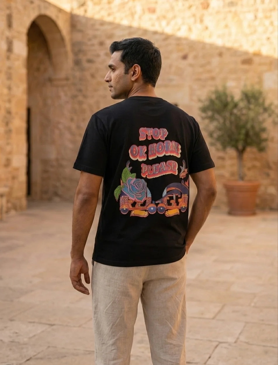 IndiThrob Horn Please oversized T-shirt back print lifestyle view