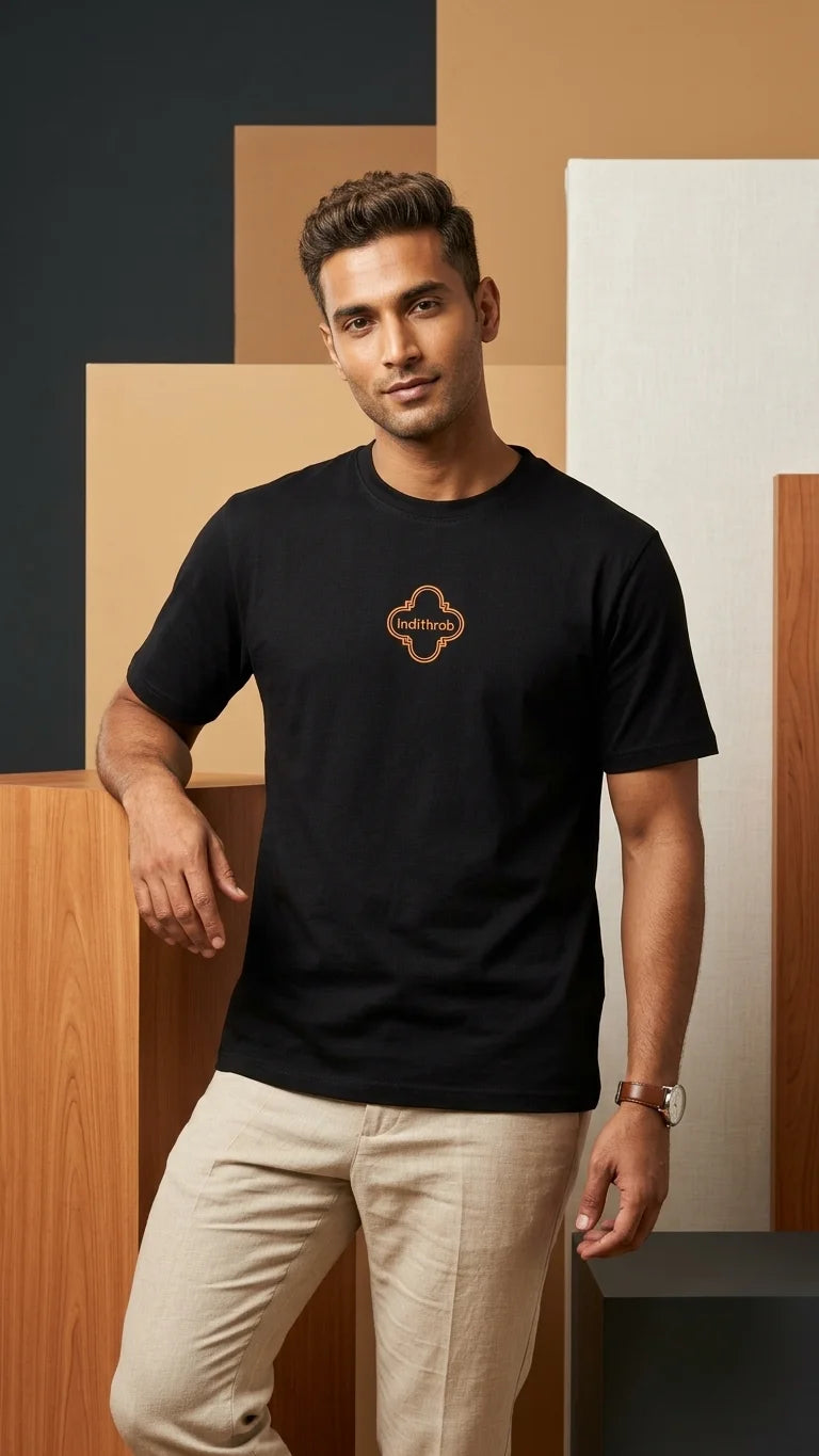 IndiThrob Horn Please black oversized T-shirt front view on male model