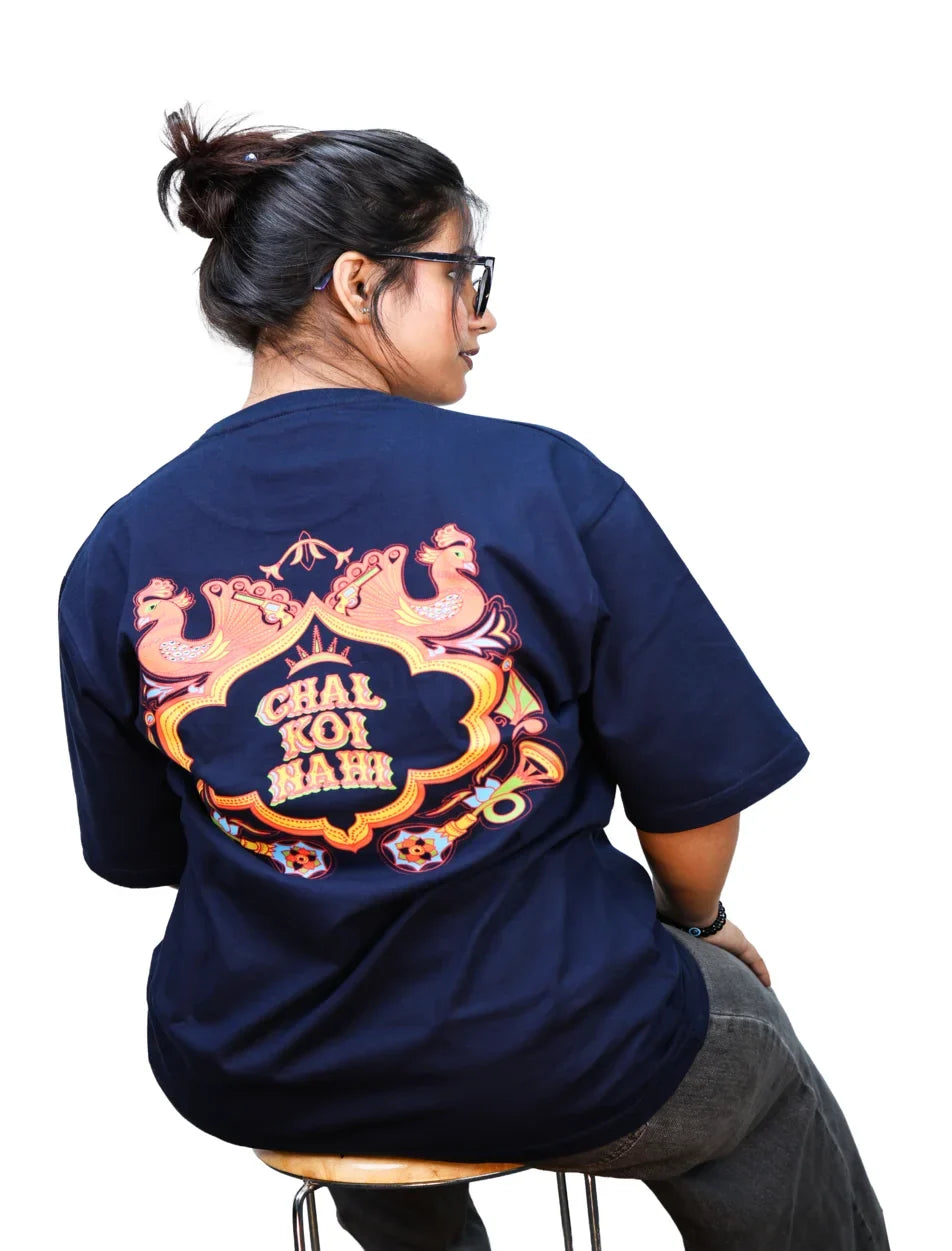 IndiThrob Chal Koi Nahi navy oversized T-shirt back graphic on model