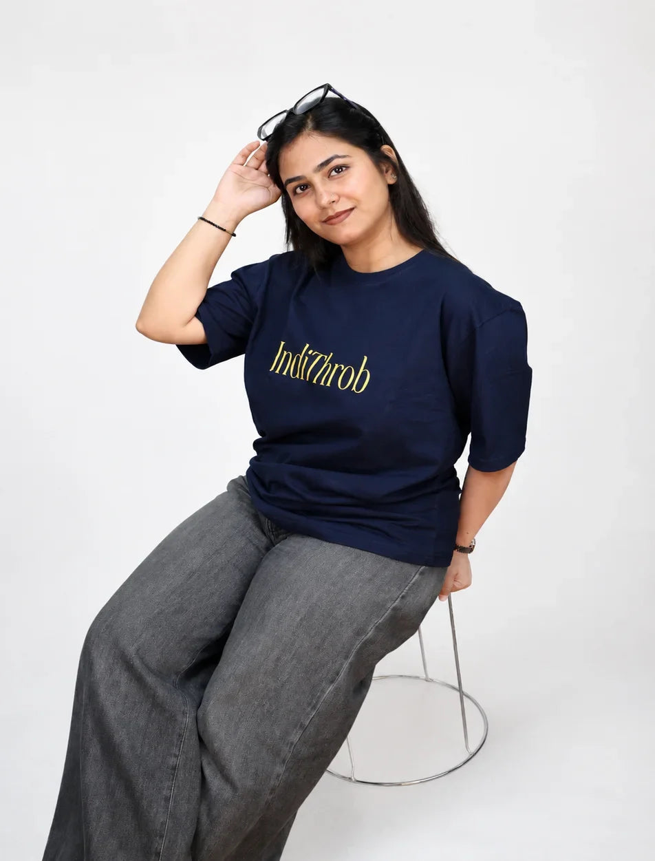 IndiThrob Chal Koi Nahi navy oversized T-shirt front view on model