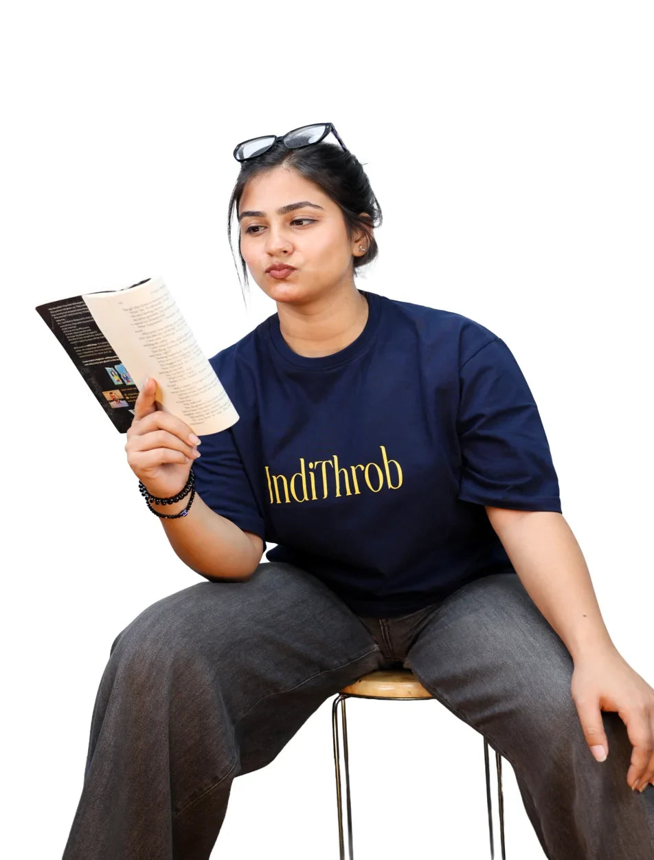 IndiThrob Chal Koi Nahi navy oversized T-shirt lifestyle front view