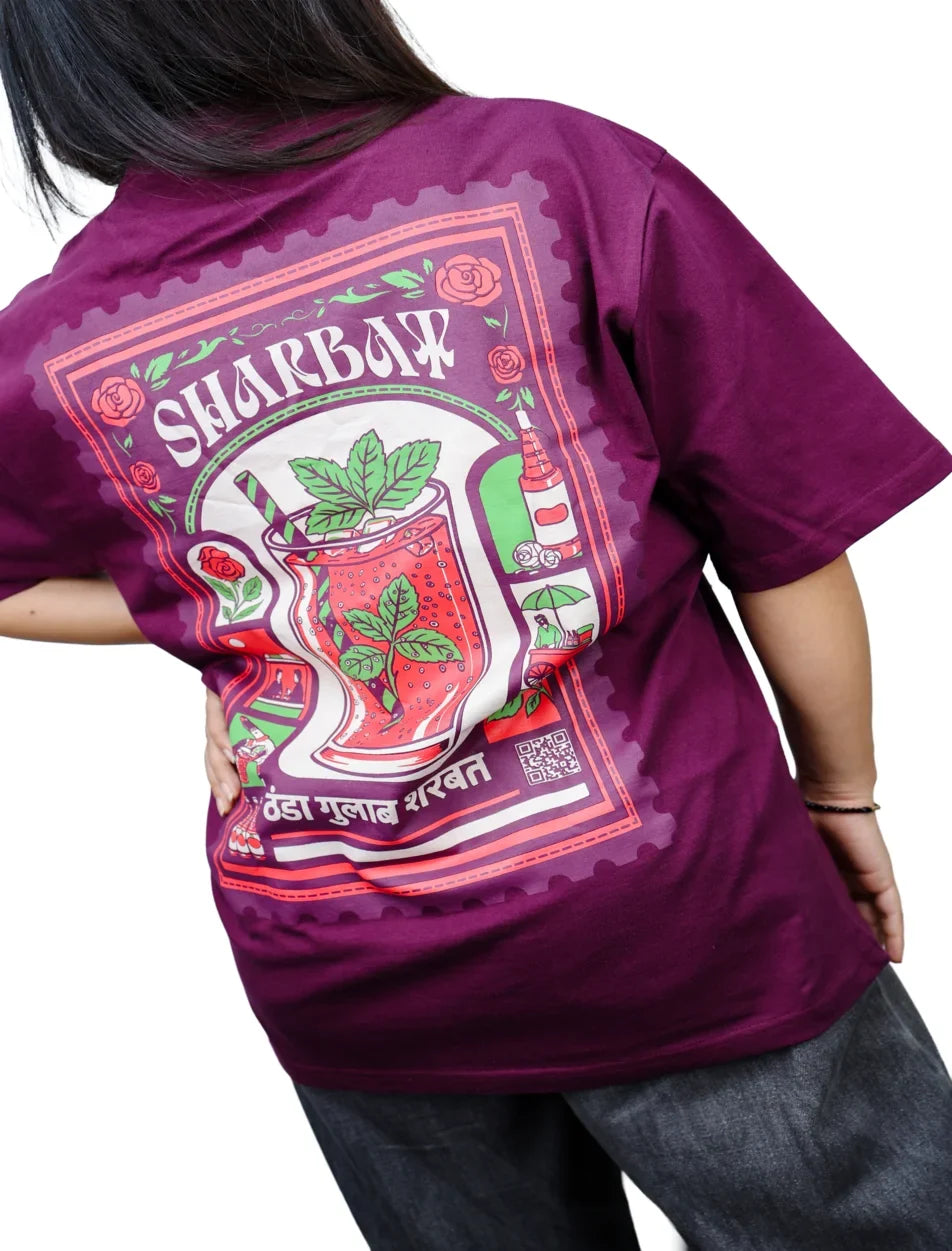 IndiThrob Sharbat maroon oversized T-shirt back graphic on model
