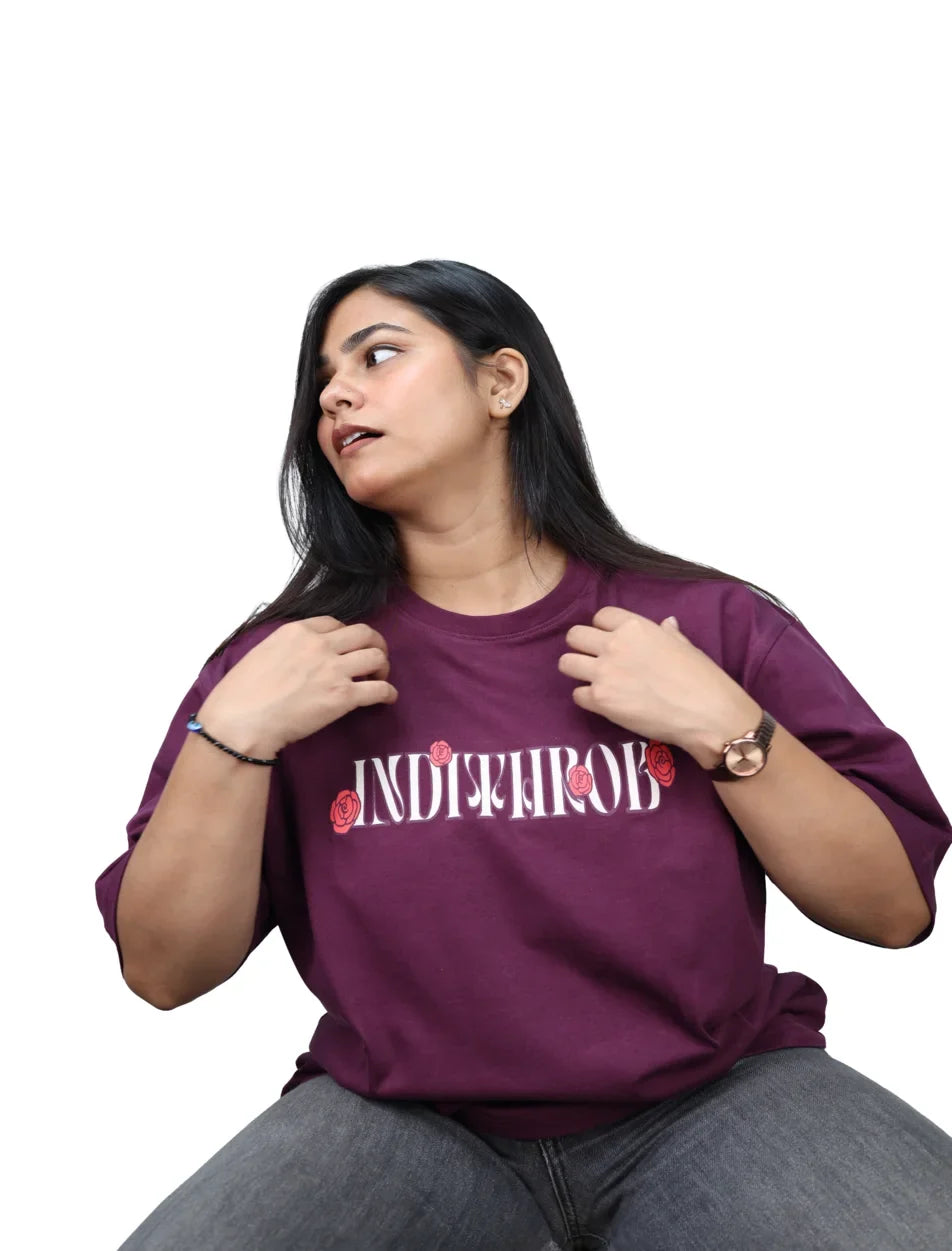 IndiThrob Sharbat oversized T-shirt front logo detail on model