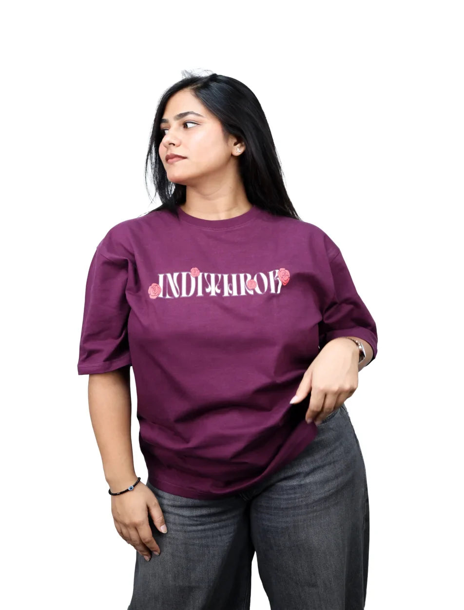 IndiThrob Sharbat maroon oversized T-shirt front view on model