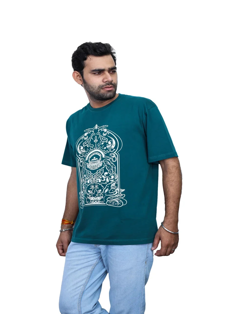 IndiThrob Tea Pot green oversized T-shirt front view on model