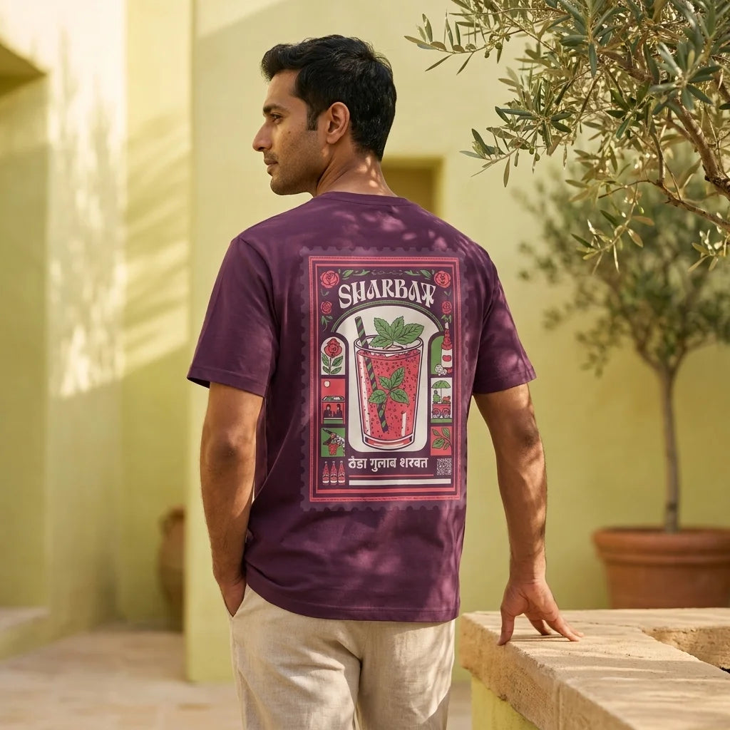 IndiThrob Sharbat maroon oversized T-shirt back graphic on model