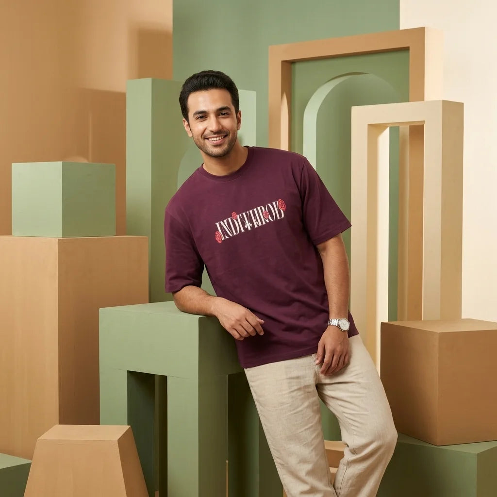 IndiThrob Sharbat maroon oversized T-shirt front lifestyle view