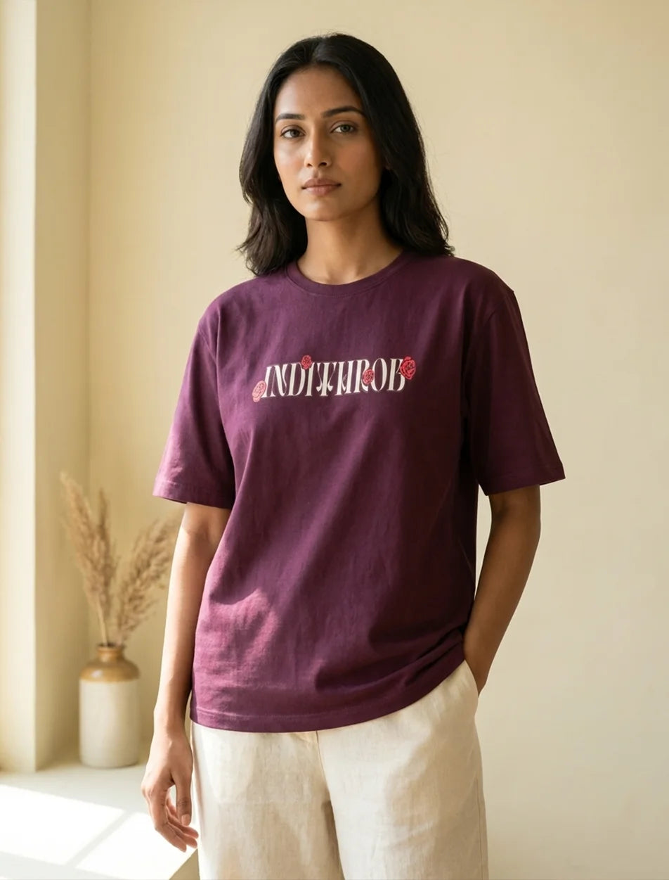IndiThrob Sharbat maroon oversized T-shirt front fit view