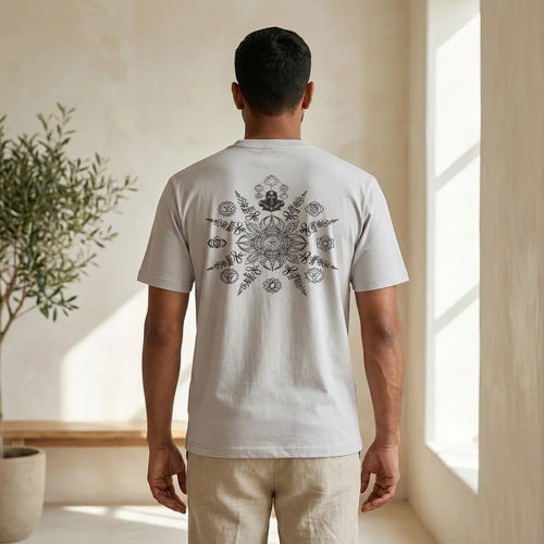 IndiThrob Mahadev beige oversized T-shirt back view on model