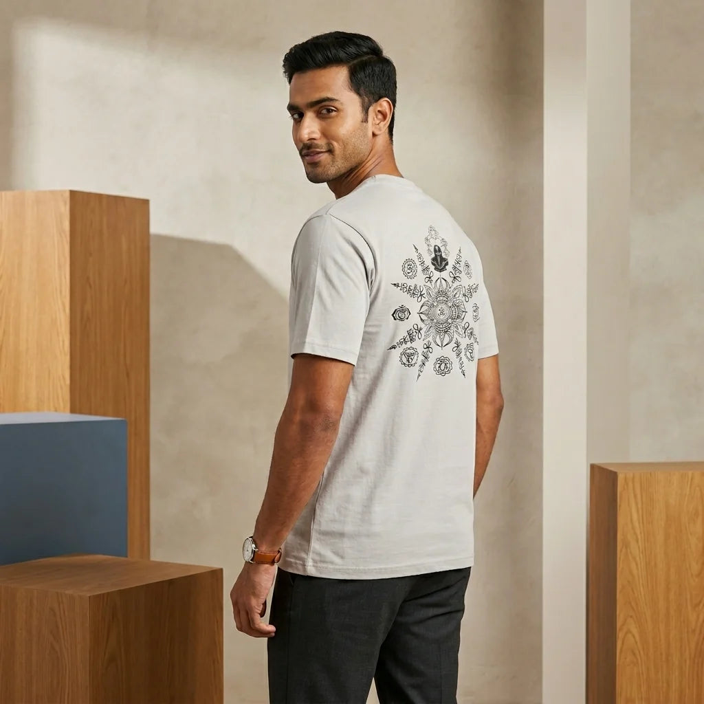 IndiThrob Mahadev beige oversized T-shirt back lifestyle view