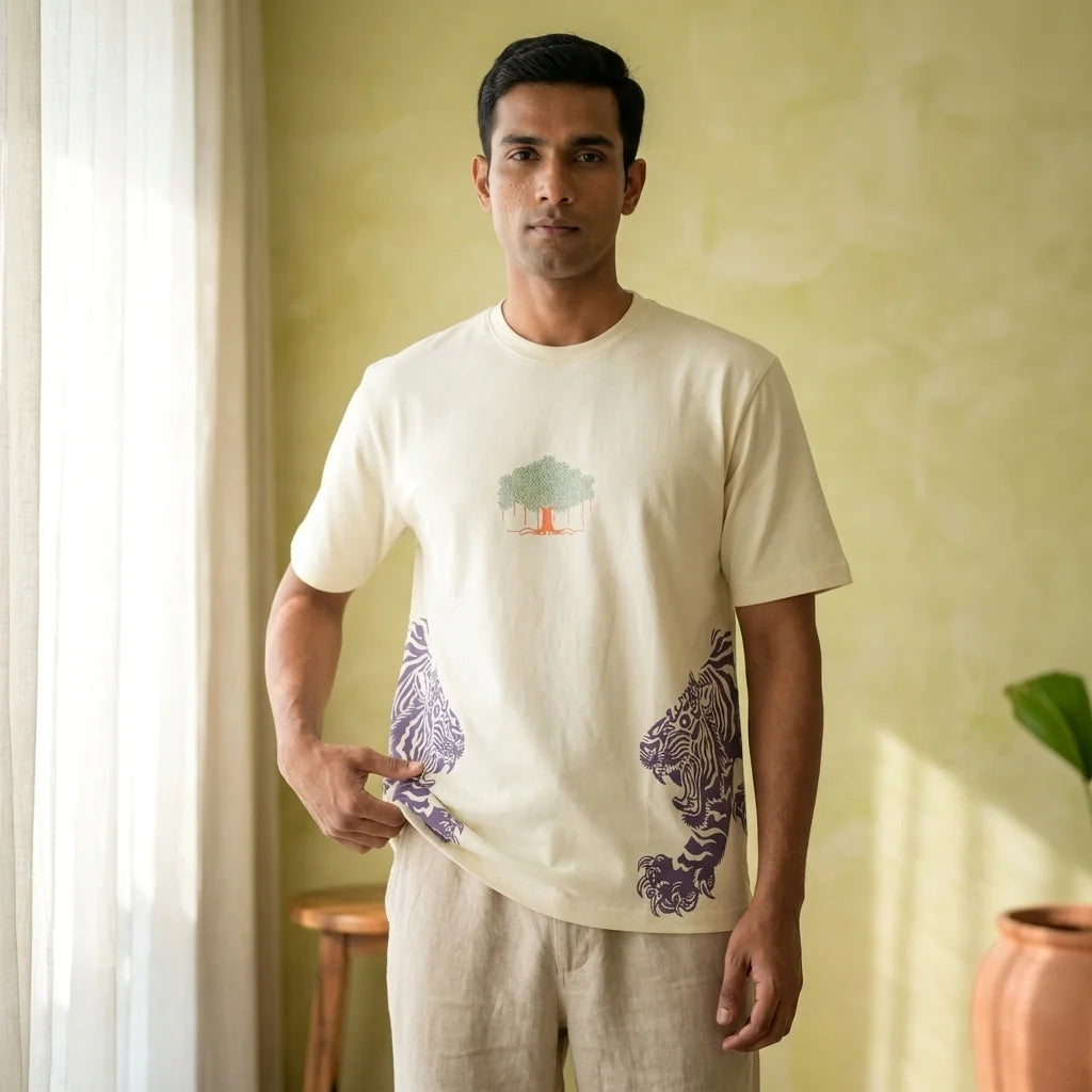 IndiThrob Tiger cream oversized T-shirt front view on model
